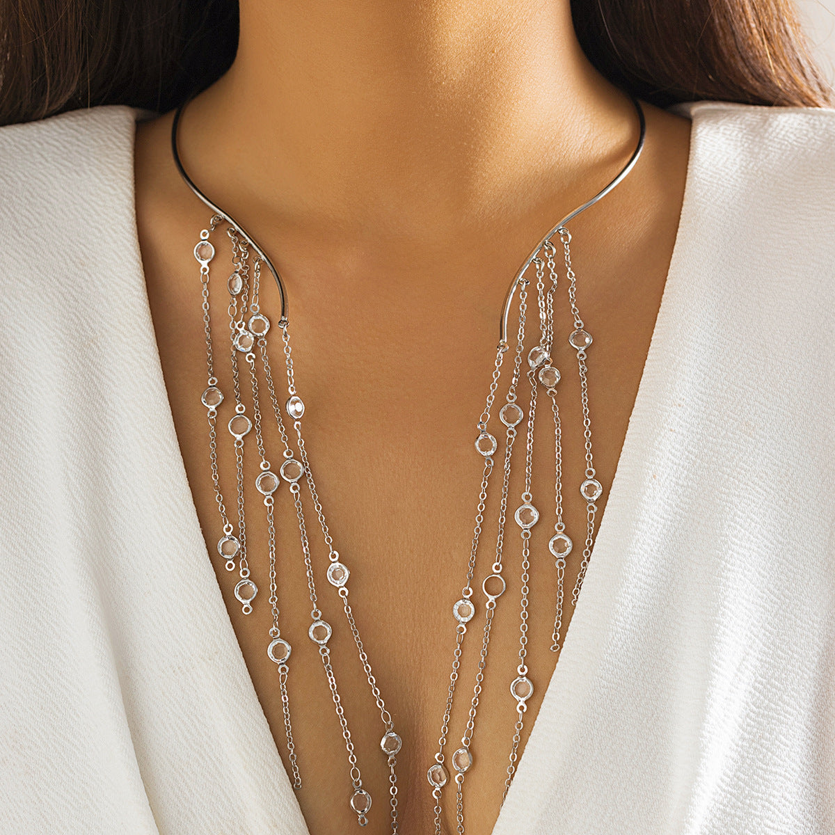 Geometric Metal Pearl Choker Necklace With Tassel
