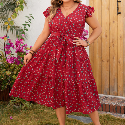 Elegant Red Floral Maxi Dress with V-Neck