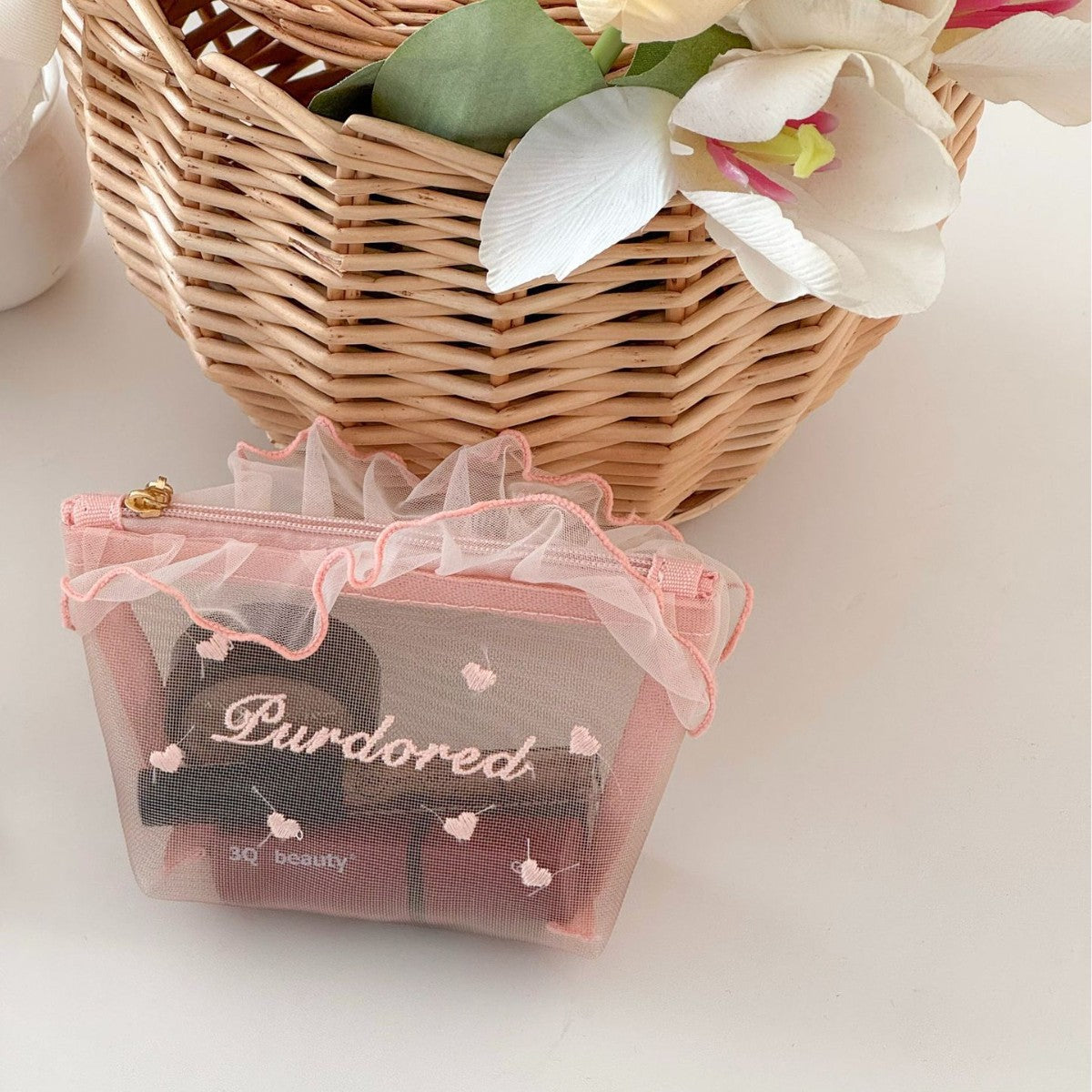 Trendy Ruffled Organza Makeup Bag Portable Versatile Storage