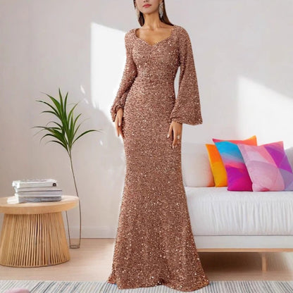 Stylish V-Neck Sequin Midi Dress with Bell Sleeves