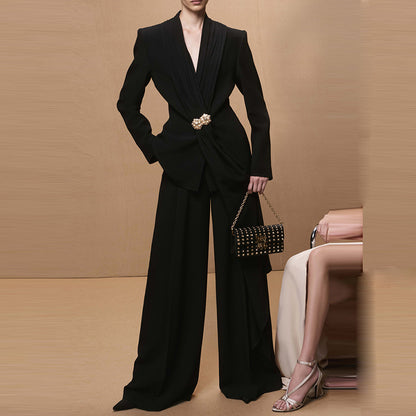 Stylish Pleated Collar Blazer And Straight Leg Pants Set