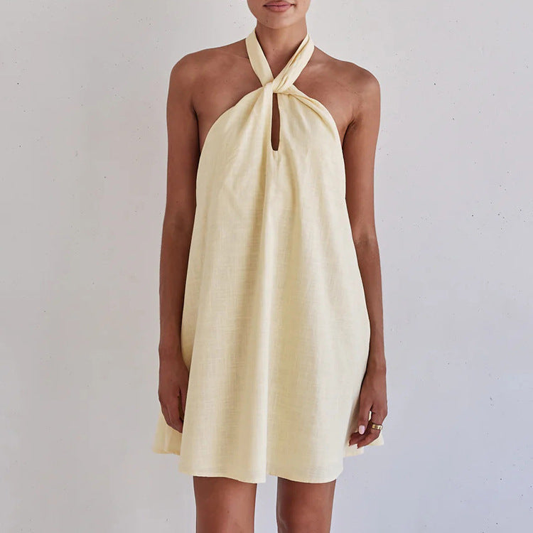 Cotton Sleeveless A-Line Dress With Halter Neck - Sexy Style