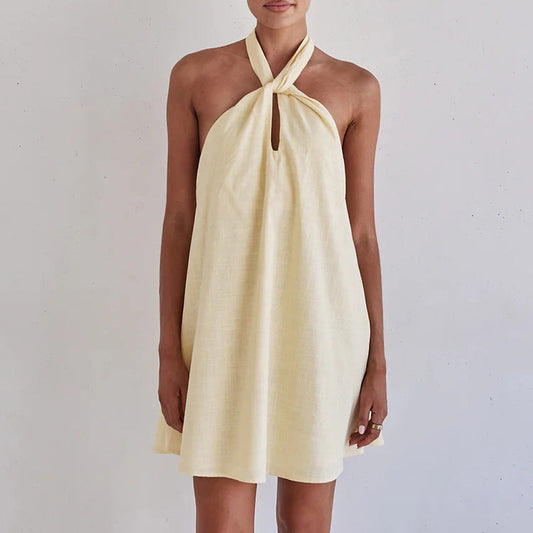 Cotton Sleeveless A-Line Dress With Halter Neck - Sexy Style