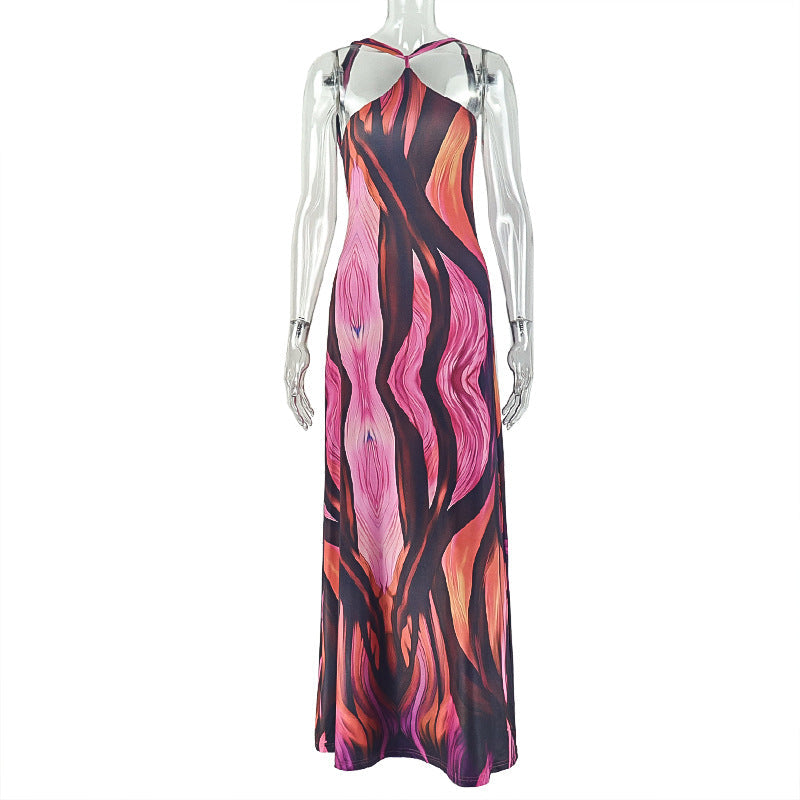 Striped Print Backless Bodycon Maxi Dress