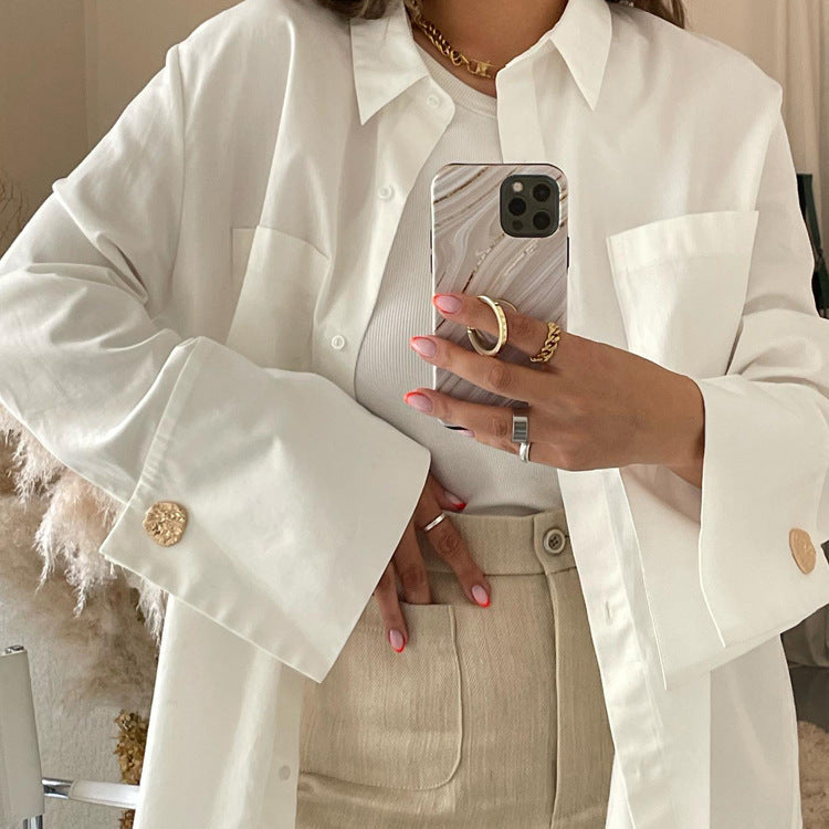 Chic White Long Sleeve Shirt with Double Pockets