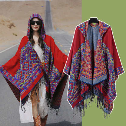 Ethnic Style New Split Shawl Women'S Cloak Scarf Thickened Warm Travel Coat Cloak