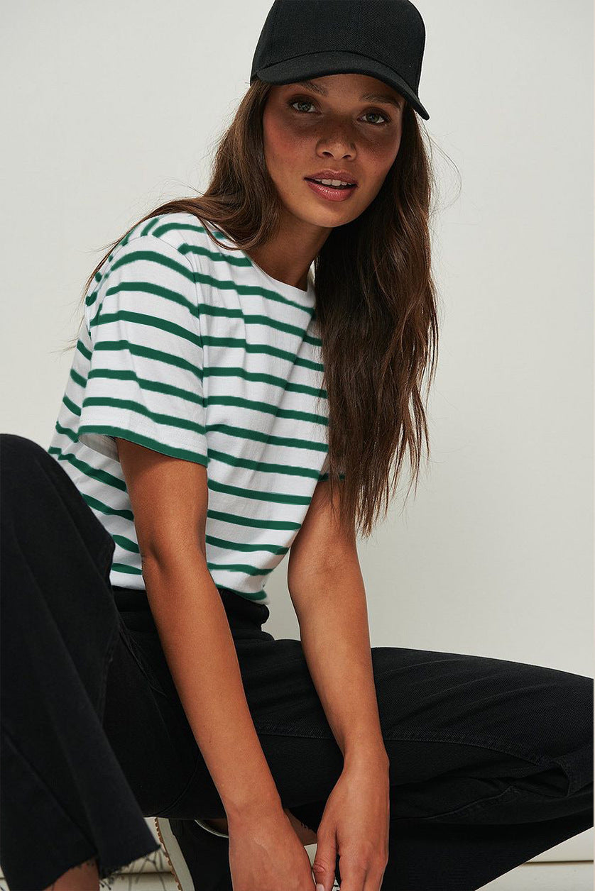 Round Neck Striped Loose Short Sleeves Top