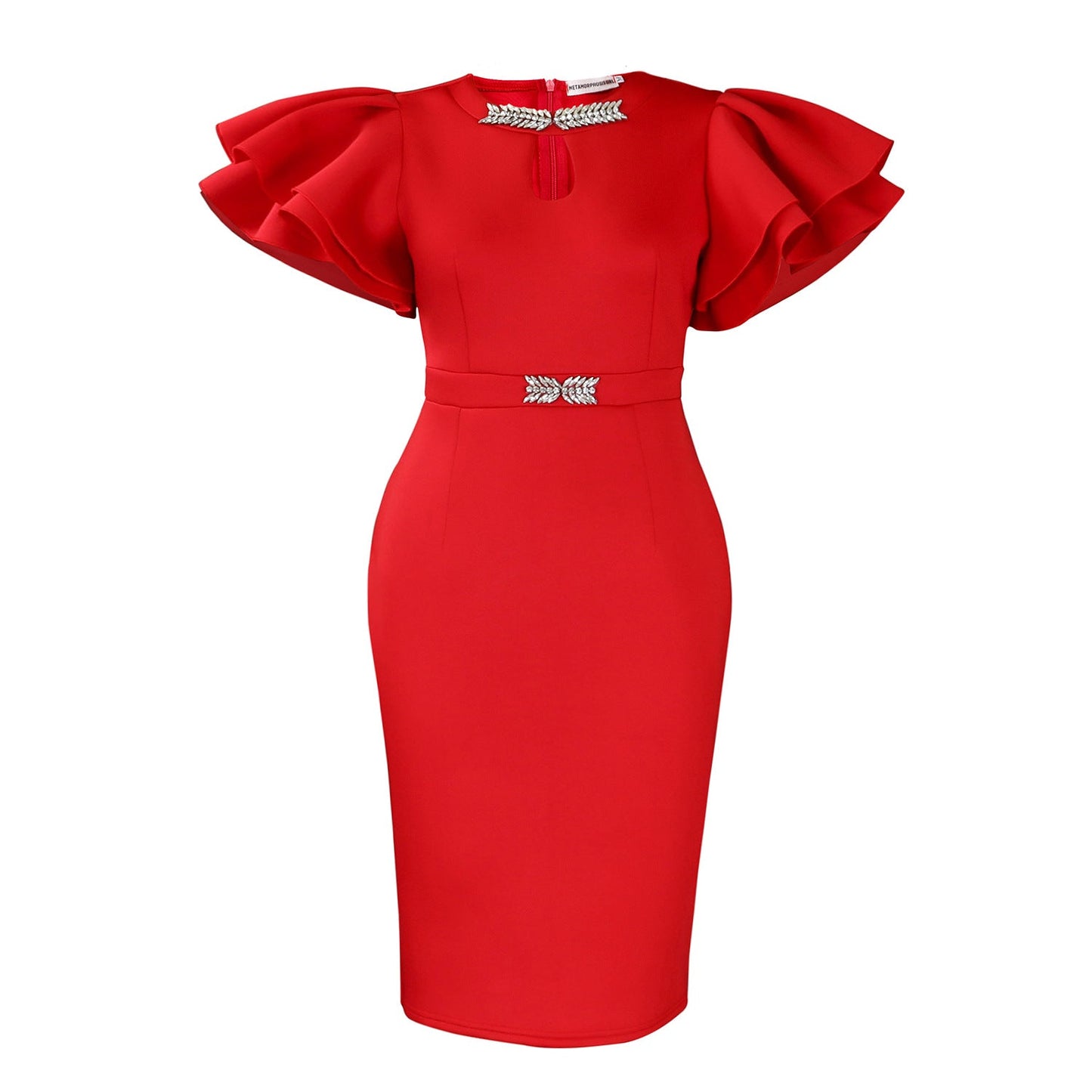 Elegant Puff Sleeve Midi Dress With Rhinestone Details