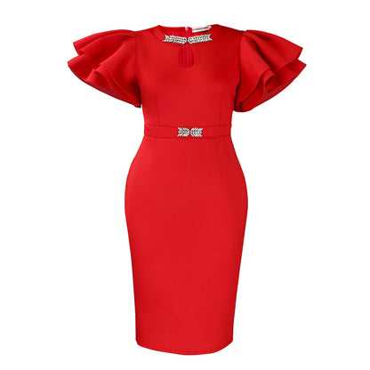 Elegant Puff Sleeve Midi Dress With Rhinestone Details