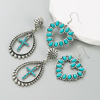 Trendy Heart and Cross Hollow Dangle Earrings with Turquoise