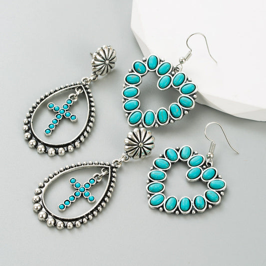 Trendy Heart and Cross Hollow Dangle Earrings with Turquoise