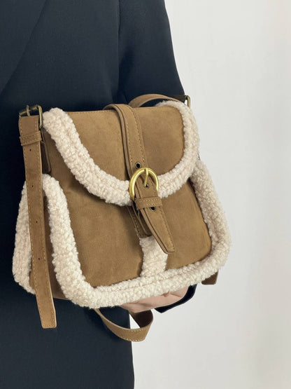 Vintage Suede Lamb Wool Crossbody Shoulder Bag