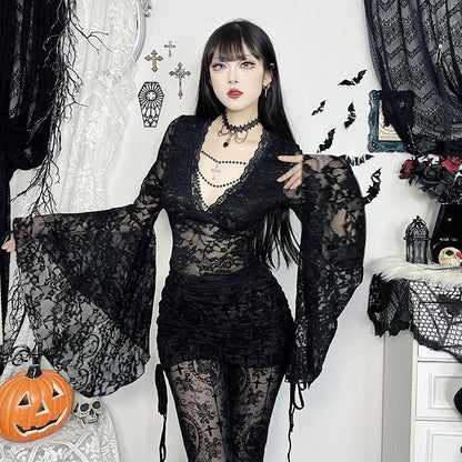 Black Lace V-Neck Top with Beaded Chain For Women