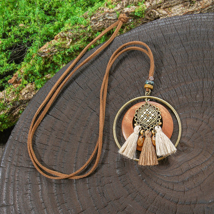 Bohemian Long Necklace with Tassels and Geometric Shapes