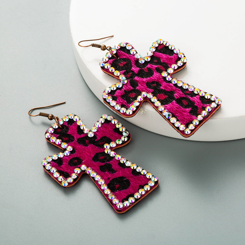 Trendy Y2K Cross Earrings Genuine Leather Leopard Print Geometric Style