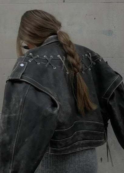 Distressed Faux Leather Lace Up Biker Jacket