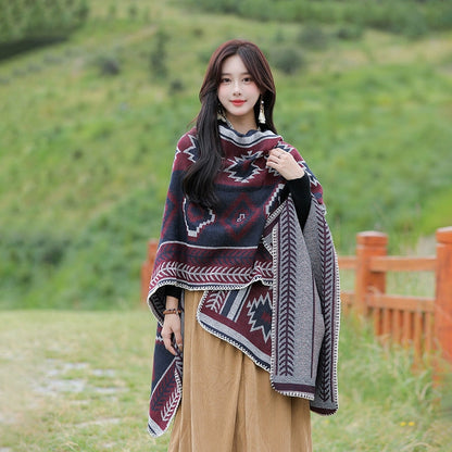 Tibetan Great Retro Totem Red Warm Outer Shawl Women'S Scarf Autumn And Winter Cloak Big Cloak
