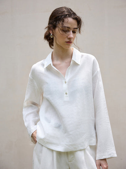 Long Sleeve Polo Collar Shirt Elegant Linen Blouse