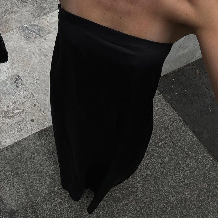 Off-The-Shoulder Backless Satin Maxi Dress