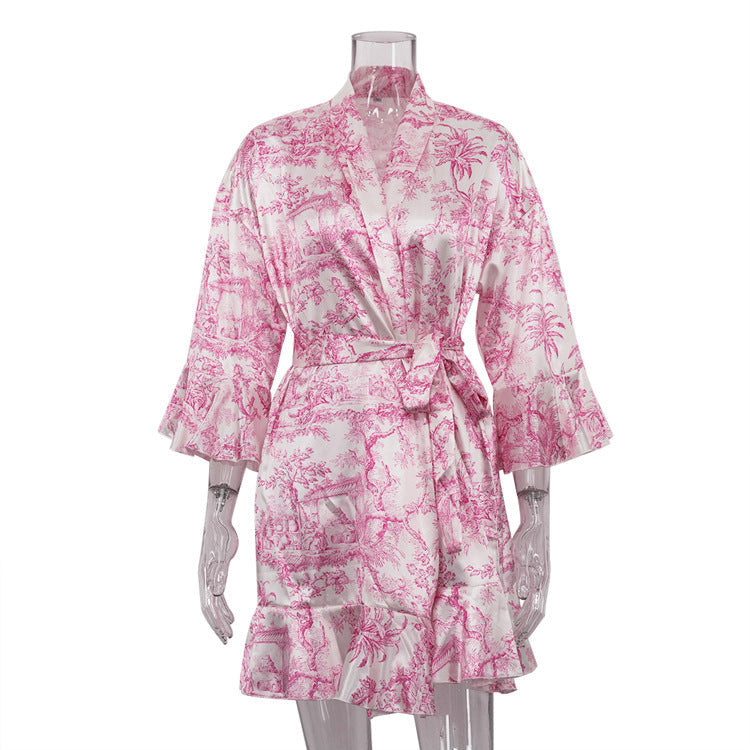 Trendy Ink-Wash Print A-Line Dress With V-Neck And Ruffled Sleeves
