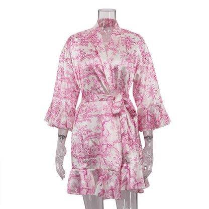 Trendy Ink-Wash Print A-Line Dress With V-Neck And Ruffled Sleeves