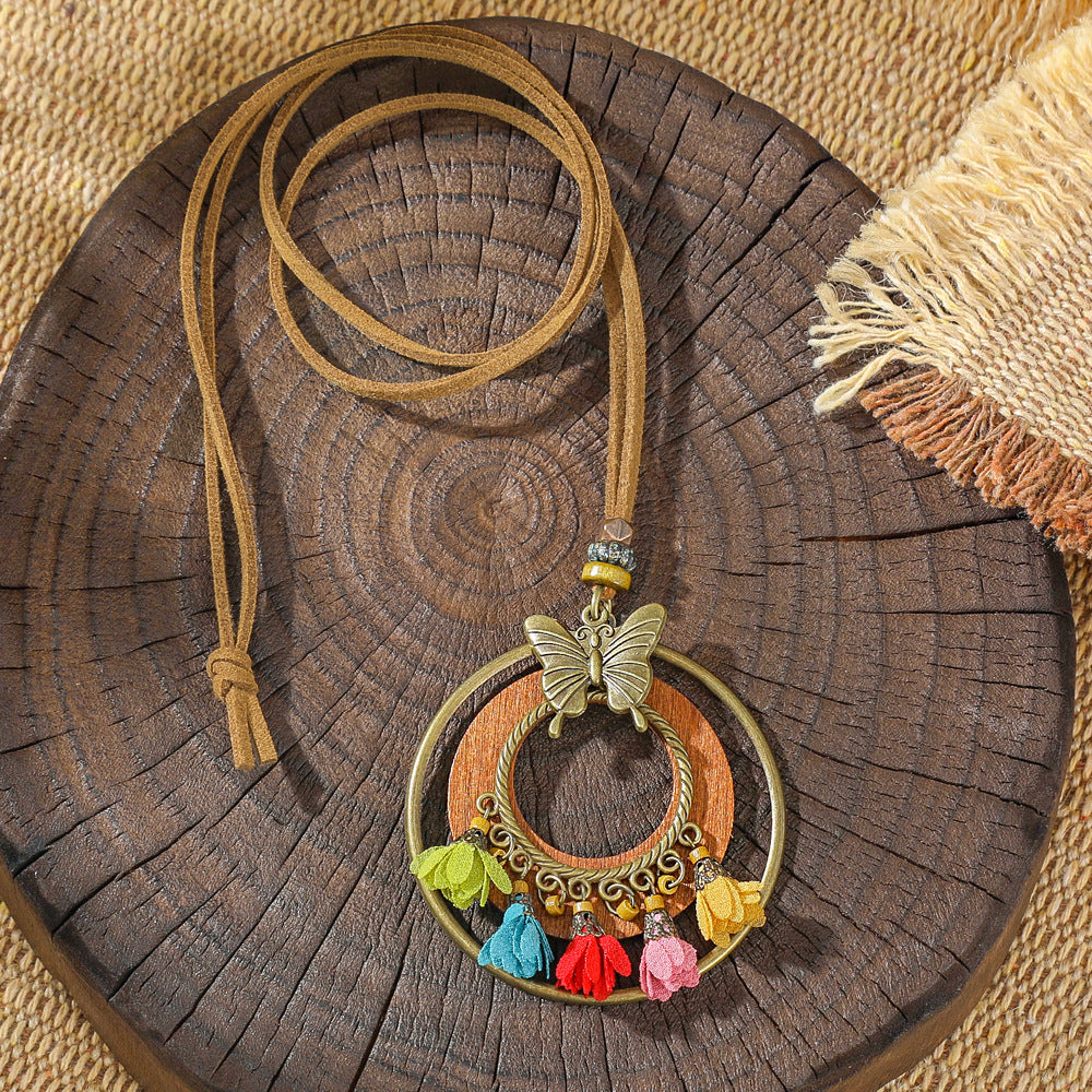 Trendy Ethnic-Inspired Butterfly Flower Necklace With Tassels