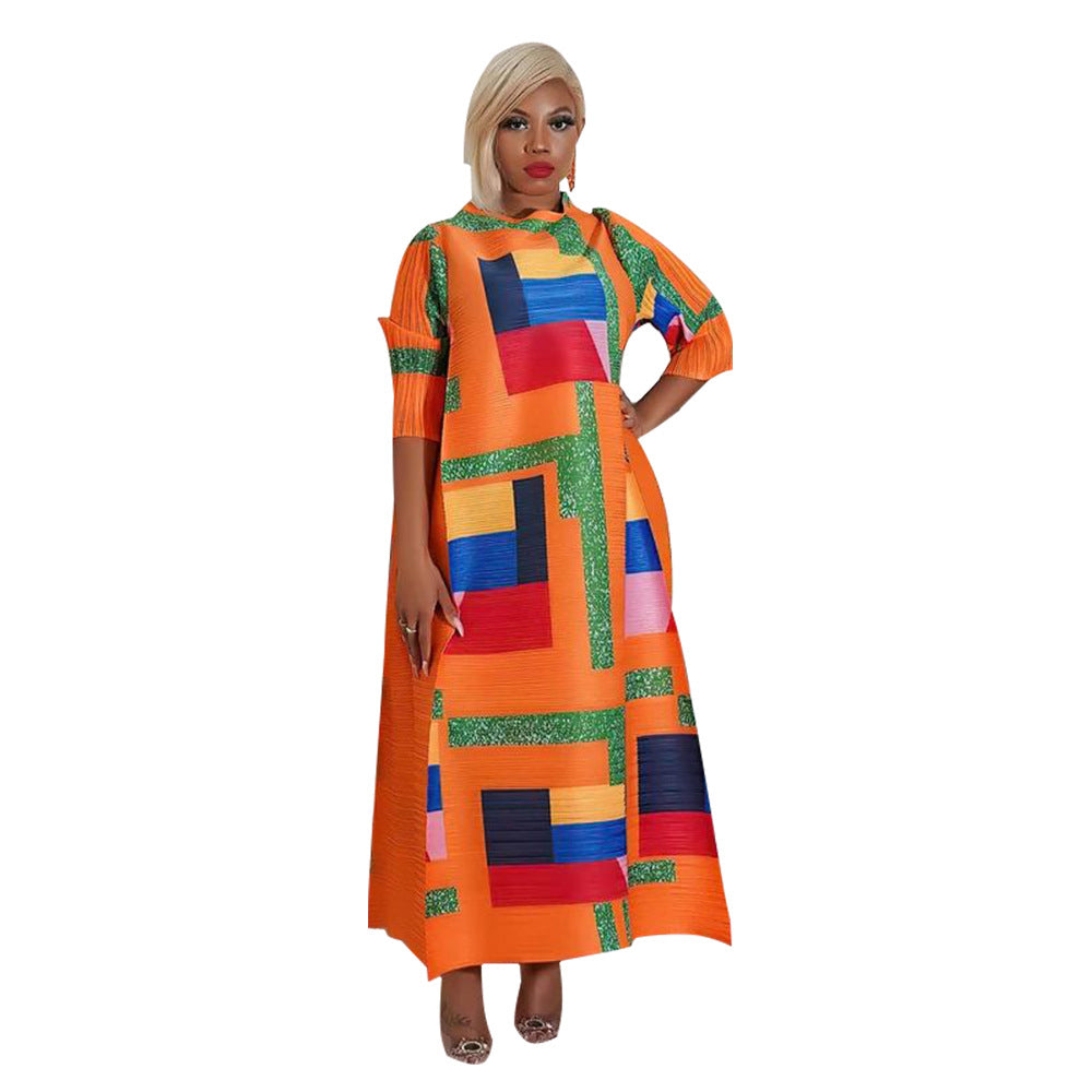 Fashionable Pleated Dress With Round Neck Print