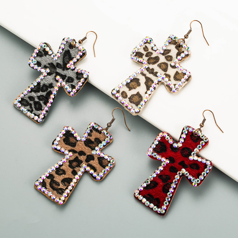Trendy Y2K Cross Earrings Genuine Leather Leopard Print Geometric Style