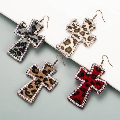 Trendy Y2K Cross Earrings Genuine Leather Leopard Print Geometric Style
