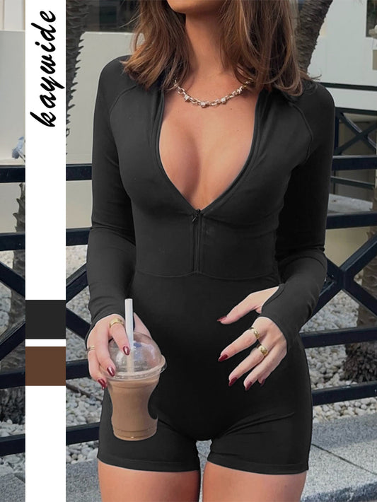 Y2K Style Yoga Jumpsuit with Long Sleeves and Shorts