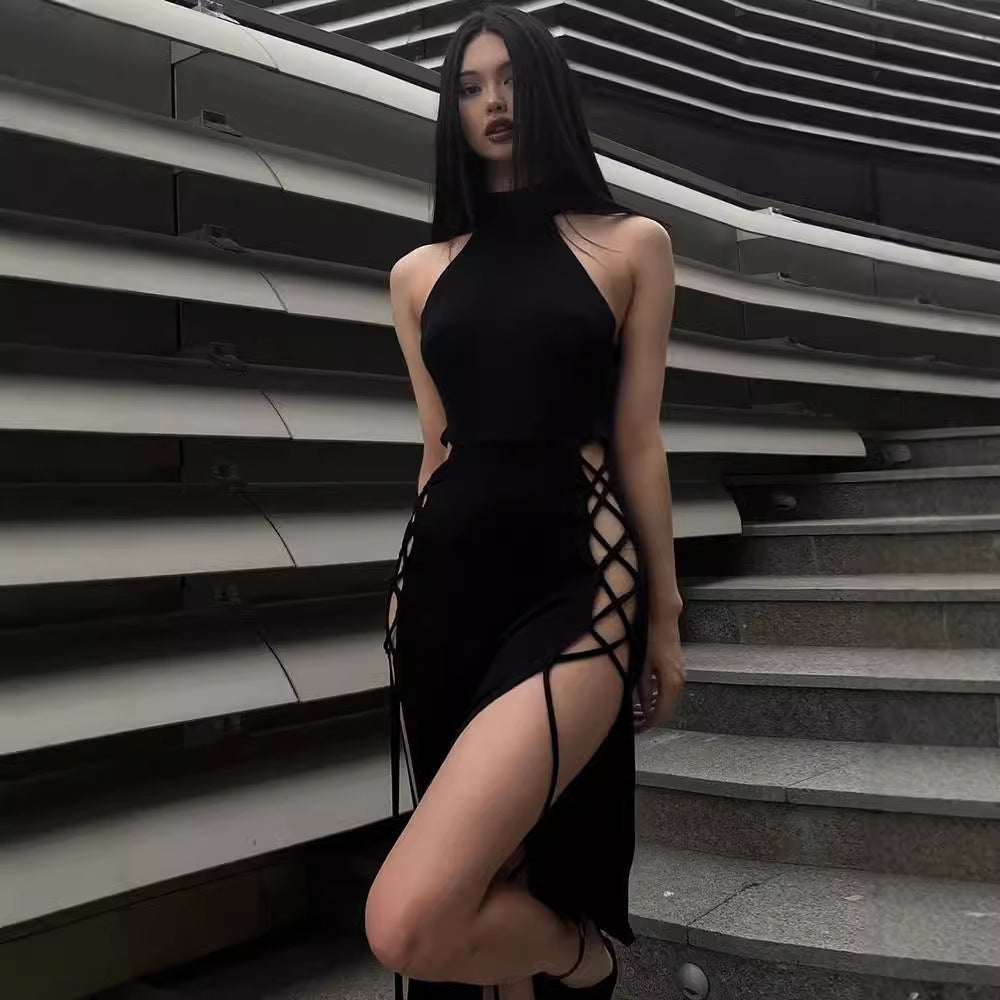 Summer Knit High Neck Sleeveless Hollow-Out Long Dress