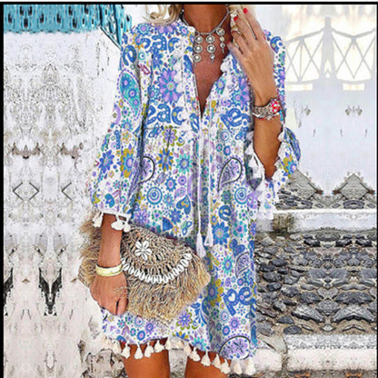Printed V-Neck Pullover Fringed Ruffled Sleeve Dress