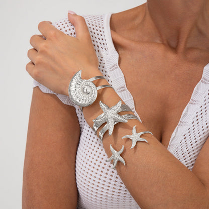 Starfish and Seashell Open Bangle Bracelet for Women
