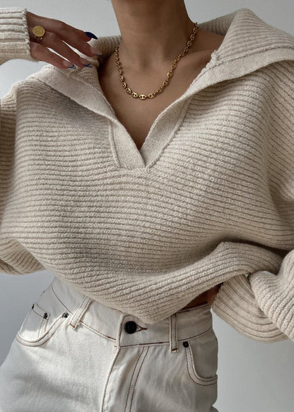 Oversized Ribbed Knit Sweater With Collar