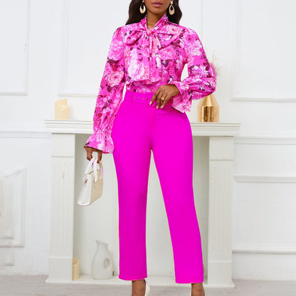 Fashion Floral Long Sleeve Top And High Waist Pants Set