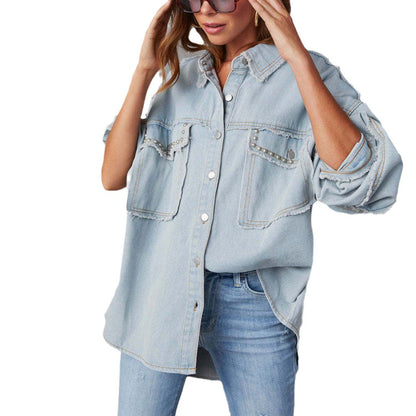 Trendy Oversized Denim Jacket With Studded Collar