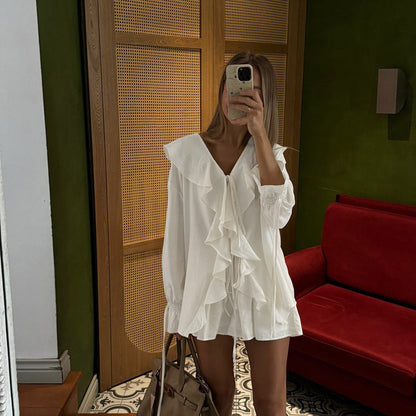 French Ruffle Sleeve Casual Set Soft Tencel Blouse and Shorts