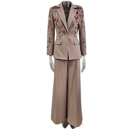 Fashionable Beaded Floral Jacket And Wide-Leg Pant Set