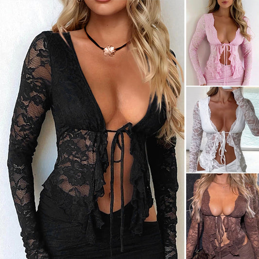 Sexy Hollow Out Lace Cardigan Long Sleeve Top