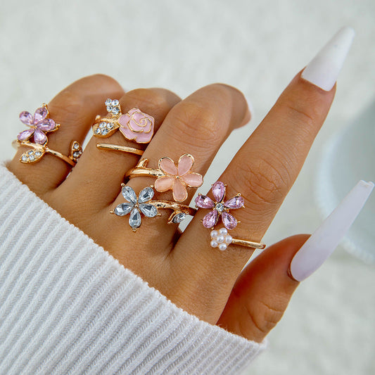 Flower Ring Set Gold Alloy Rings With Rhinestones And Pearls