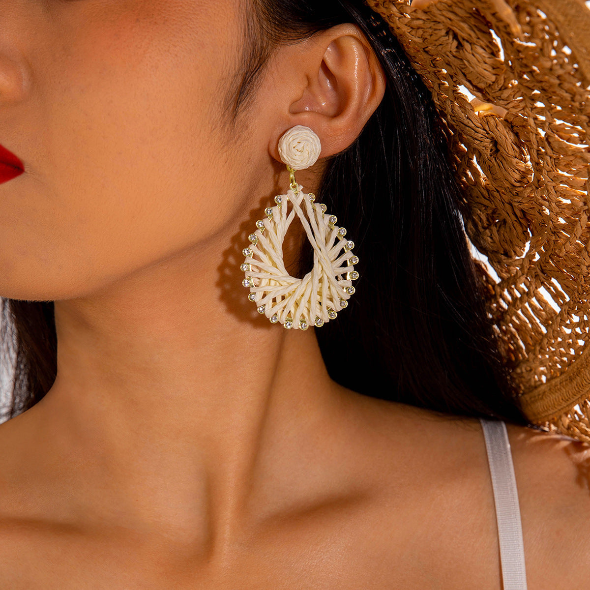 Handmade Woven Raffia Vacation Earrings Floral Design