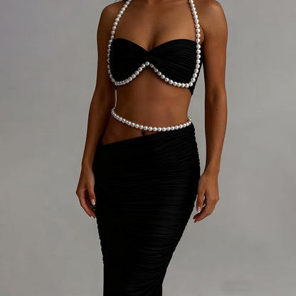 Sexy Hollow-Out Pearl Decor Crop Top And Bodycon Maxi Skirt Set
