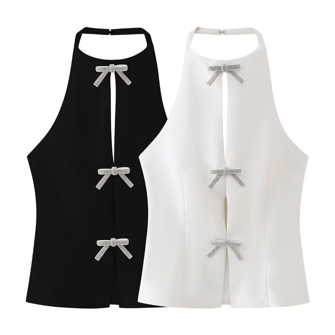 Solid Color Bow Front Backless Halter Top