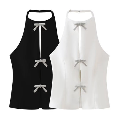 Solid Color Bow Front Backless Halter Top