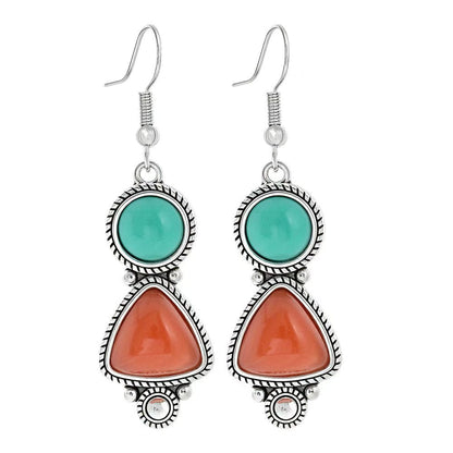 Simple Tribal Flower Teardrop Circle Turquoise Earring Set