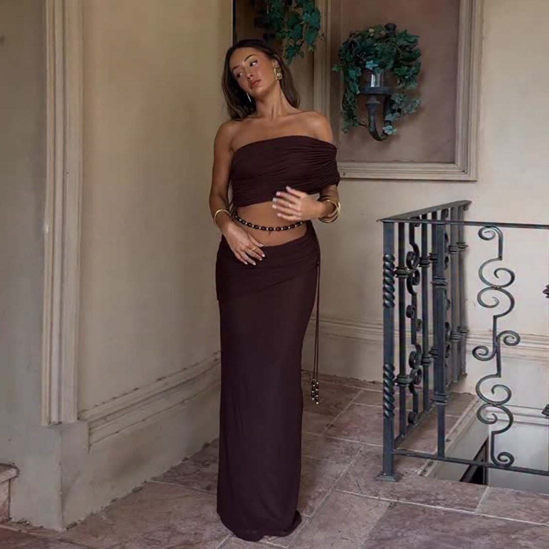 Sexy Crop Top And Bodycon Skirt Set With Ruching