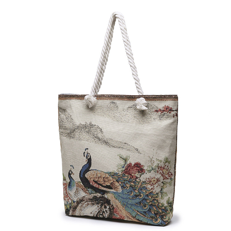 Double-Sided Ethnic Style Embroidery Bag Women'S Live Embroidery Peacock Elephant Canvas Bag