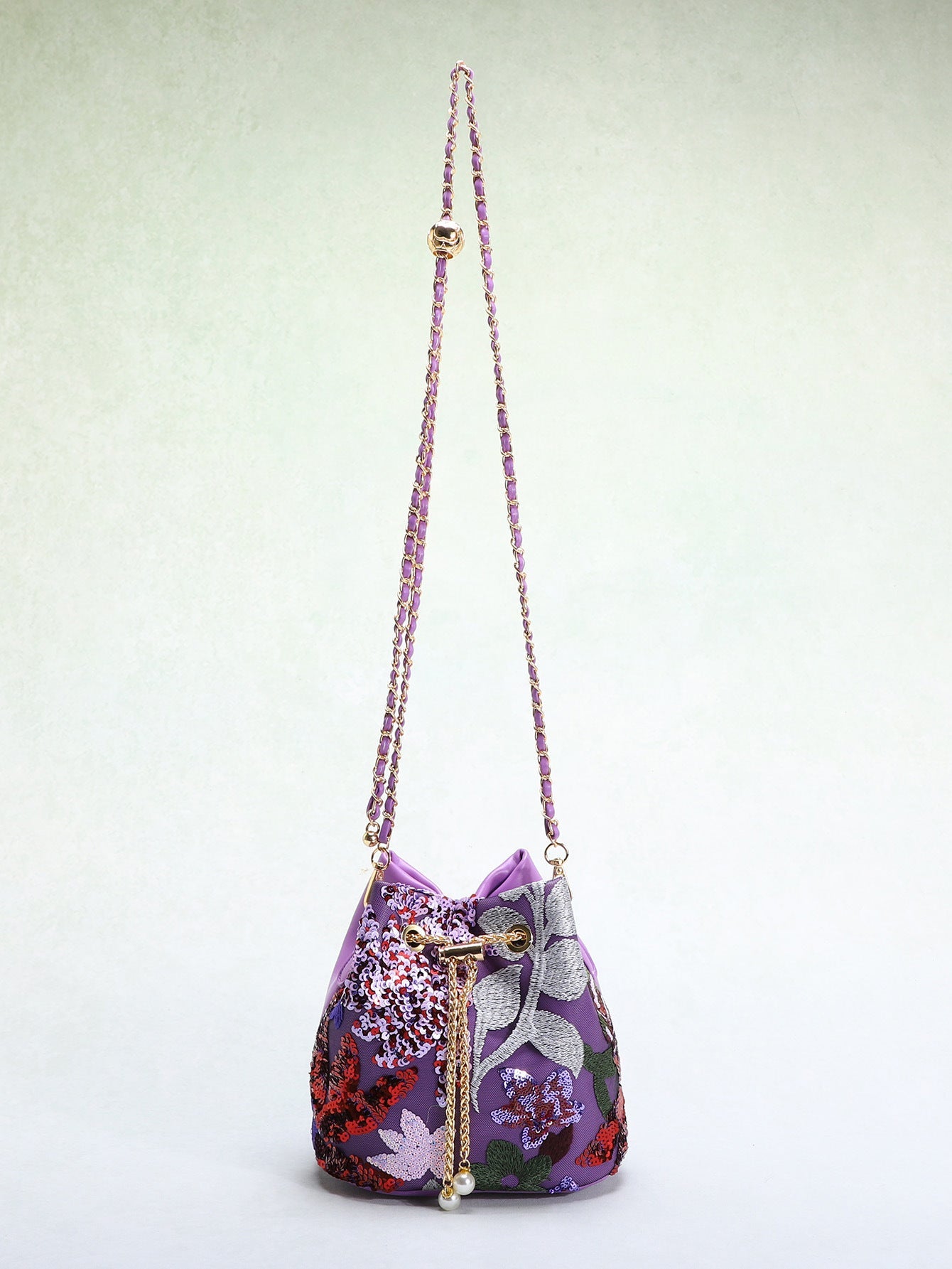 Elegant Floral Embroidered Sequin Mesh Color Block Bucket Bag