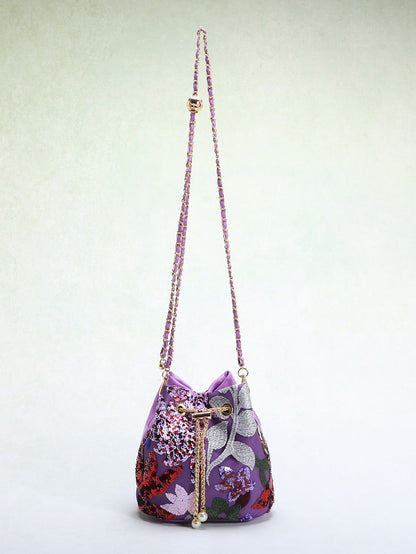 Elegant Floral Embroidered Sequin Mesh Color Block Bucket Bag