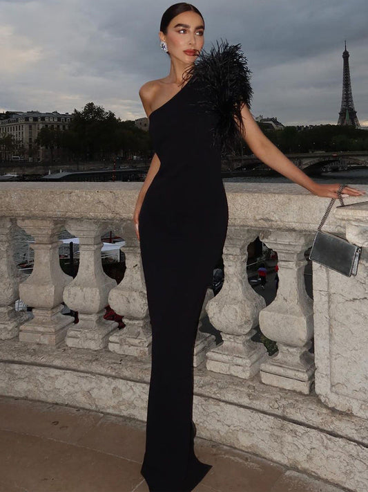 Elegant One-Shoulder Feathered Maxi Dress